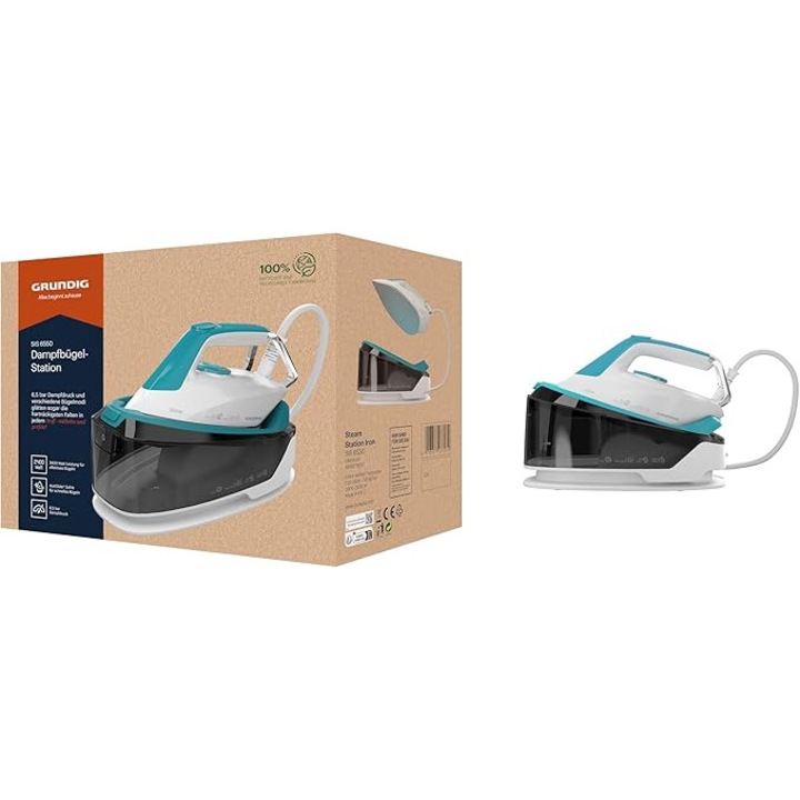 Statie de calcat Grundig SIS 6550, 2400 W, 6.5 bar, jet abur 360 g/min, talpa ceramica, rezervor 1.2 L, Alb/Turcoaz