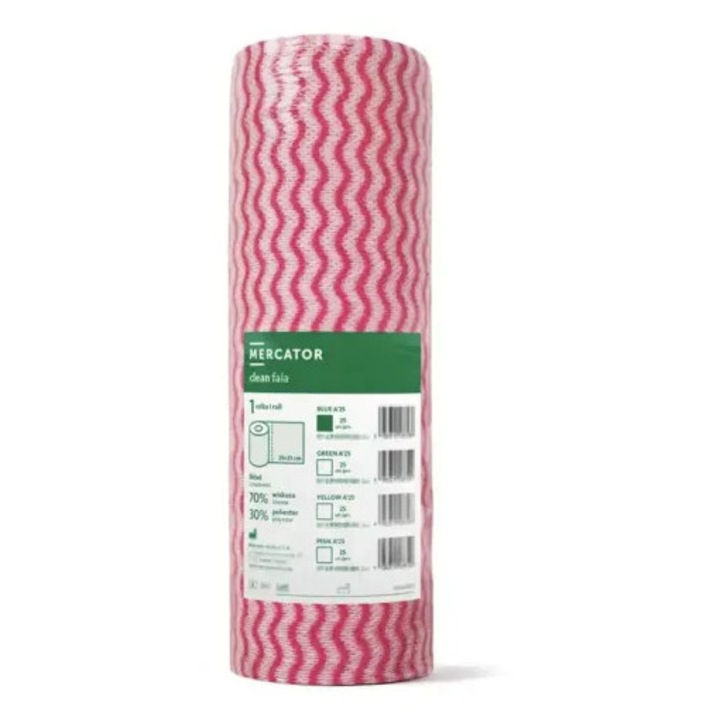 Laveta industriala pe rola 70% vascoza cu 30% poliester, model ondulat, roz, 25 bucati