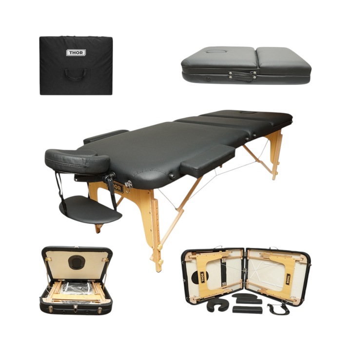 Masa de masaj pliabila portabila 3 zone, cadru lemn, spuma 5cm, inaltime 55-76cm, piele ecologica neagra 60x213cm THOR
