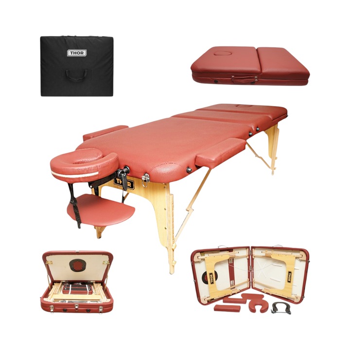 Masa de masaj pliabila portabila 3 zone, cadru lemn, spuma 5cm, inaltime 55-76cm, piele ecologica rosu burgundy 60x213cm THOR