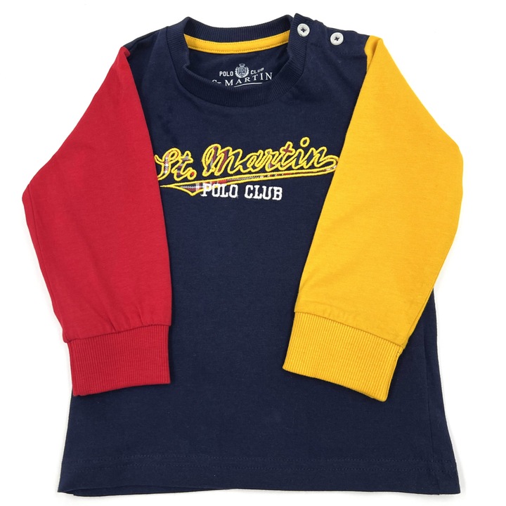 Bluza copii/ bebelusi baieti, 9-12 luni, 80 cm, ST. Martin, Bumbac moale, Bleumarin cu rosu si galben