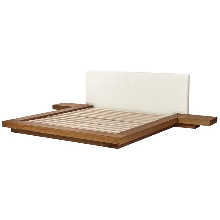 Pat dublu Beliani, Boucle Zen, 180x200cm, MDF, picioare din lemn masiv, iluminare LED, maro deschis