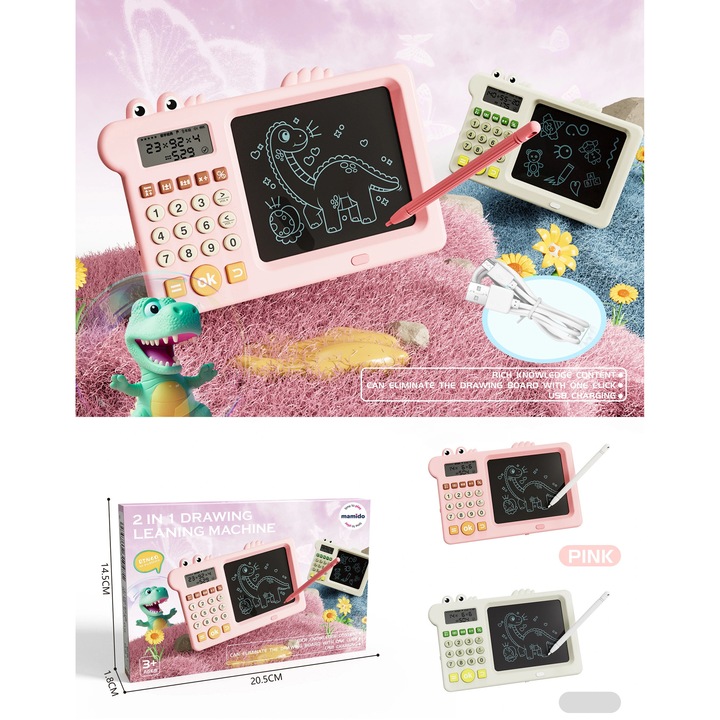 Mamido rajztábla dinoszaurusz, 3 az 1-ben, színes, 20,5x14,5cm