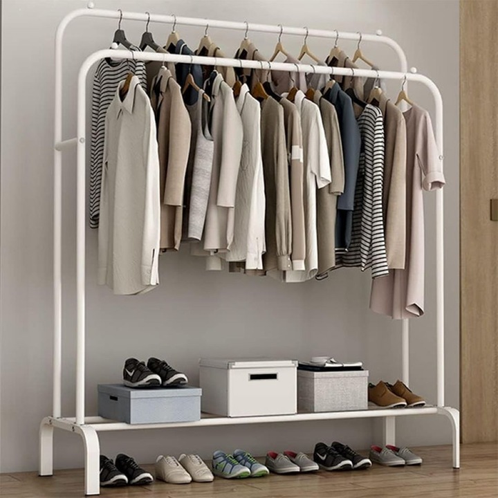 Suport haine Dublu DMV Solux Mobil, prevazut cu Raft inferior pentru incaltaminte, dimensiune 110x54x150cm, Alb. Suport garderoba stabil pe roti, perfect pentru organizare dressing, hol sau birou, design modern si functional, asamblare rapida