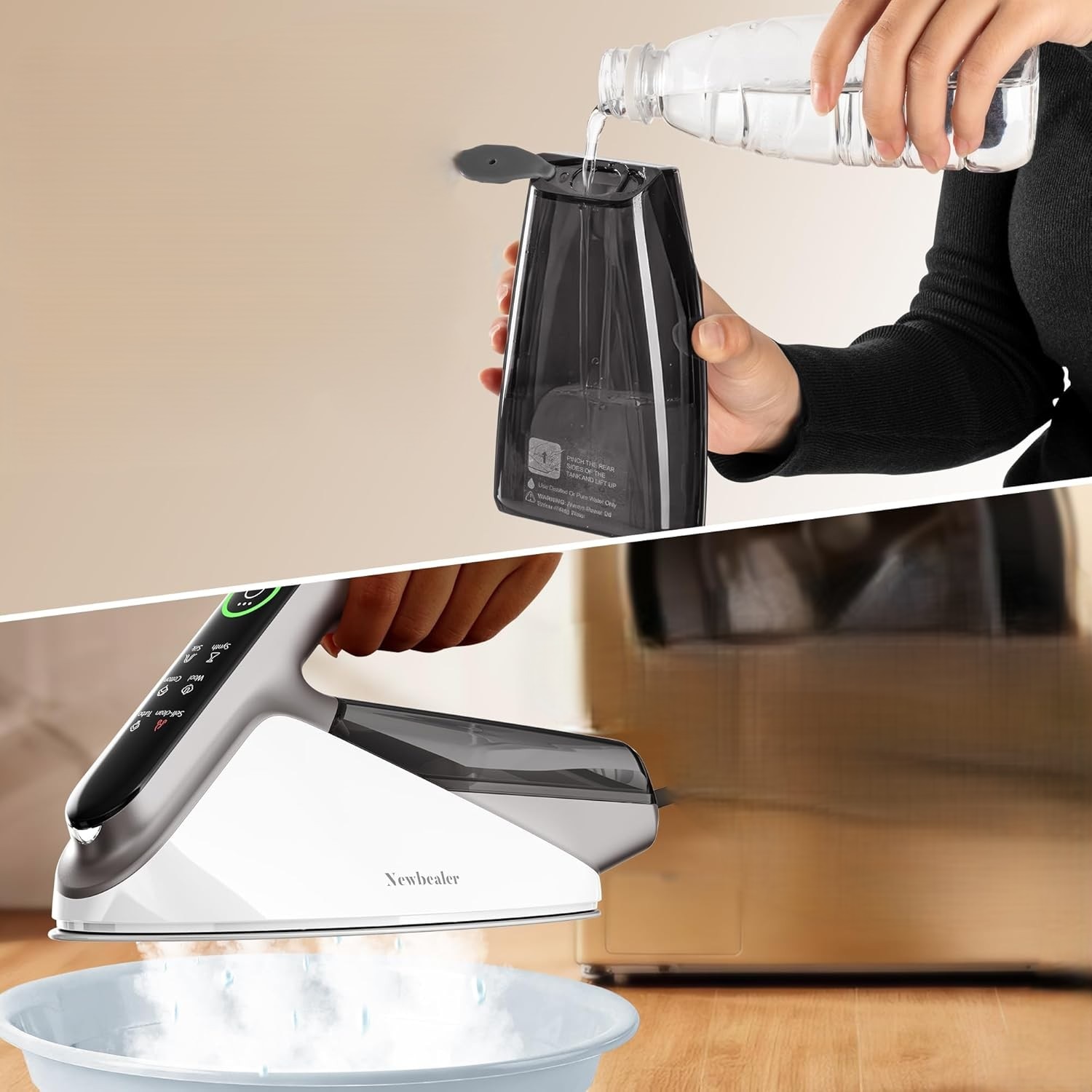 Newbealer Fier de Calcat cu Abur 2400W, 350 ml, Abur Turbo 200 g, 32 g/min continuu, 4 trepte abur, Talpa diamant ceramica, Auto-curatare si Oprire automata, Silver
