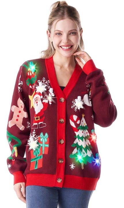 Cardigan de Craciun cu LED-uri pentru Femei – Design Amuzant si Festiv, Pentru Petreceri, Marimea S, Culoare Visiniu Multicolor