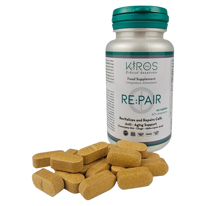 KIROS RE:PAIR, Supliment Premium Anti-Imbatranire si Mitocondrial, CoQ10, Acid Alfa-Lipoic, Chaga, Zinc, Minerale si Vitamine, Antioxidanti, 60 capsule