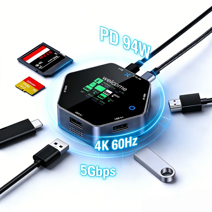 USB-C хъб 8 в 1, MOSMAOO®, със Смарт Екран и Охлаждащ Вентилатор, Докинг Станция 4K 60Hz, PD 100W 20V Зареждане, 5Gbps Трансфер на Данни, 20см Плетен Кабел, Алуминиев Корпус и Закалено Стъкло, за Лаптоп, MacBook, Таблет, Телефон, Сив/Черен