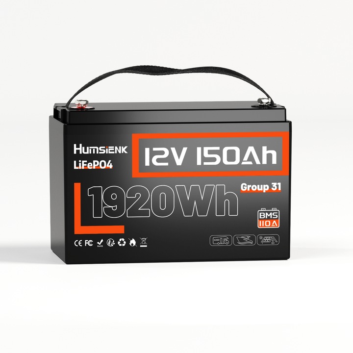 Humsienk Baterie 12V 150Ah LiFePO4, baterie litiu cu ciclu profund 110A BMS 1920Wh, protectie la temperaturi scazute, perfecta pentru rulote, motoare de pescuit, iahturi, barci