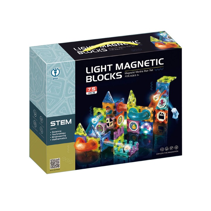 Set Constructie Magnetic Dalian, 75 Piese, Pista Luminoasa, Blocuri ABS, 31x8x25cm
