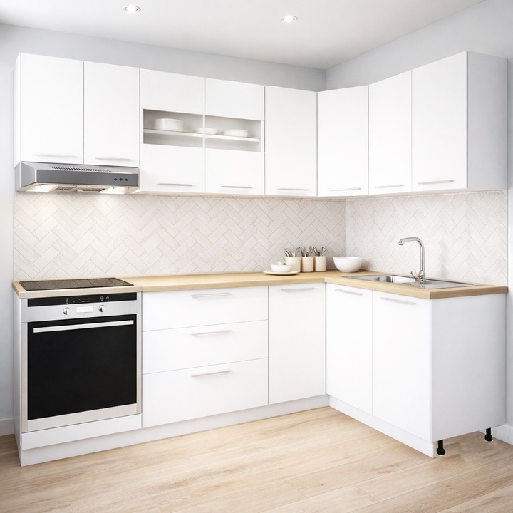 Set mobilier de bucatarie cu soft-close, BadenMob Germania, 240x140cm, colt, corpuri inalte, blat gros, corp cuptor, Alb