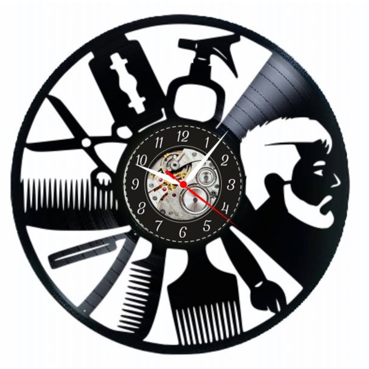 Часовник "Barber Tools & Style", декоративен, стенен, изработен от винилова плоча (Vinyl Record), дизайн фризьорски салон и груминг, черен, 30 см