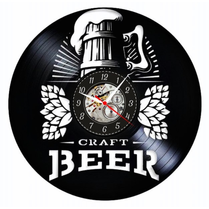 Dekoratív falióra "Craft Beer - Kézműves Sörfőzde", bakelit lemezből (Vinyl Record) készült, Bár & Pub dekor design, Fekete, 30 cm
