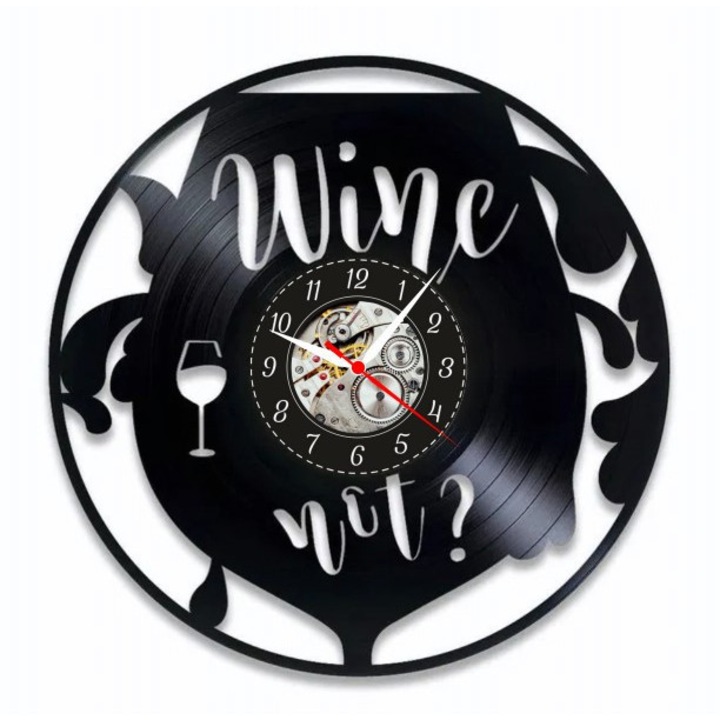 Dekoratív falióra "Wine Not? - Vineyard Soul", bakelit lemezből (Vinyl Record), Borospince & Borbár dizájn, Fekete, 30 cm