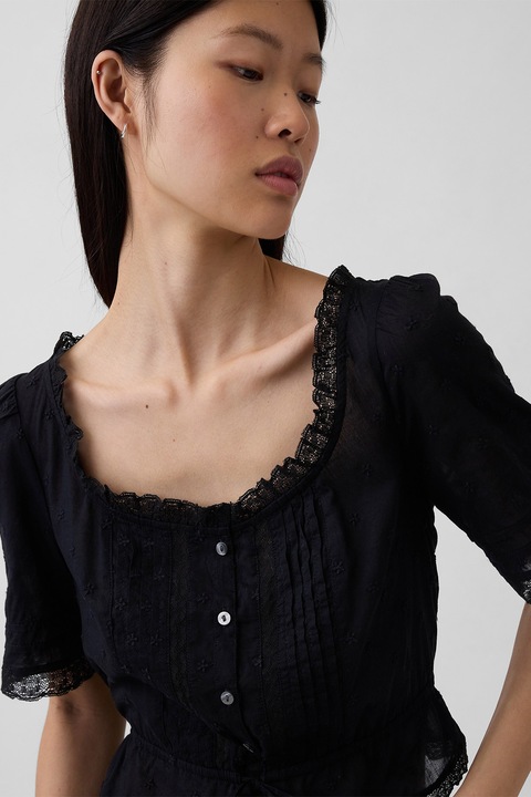 GAP, Bluza crop cu maneci scurte si broderie, Negru