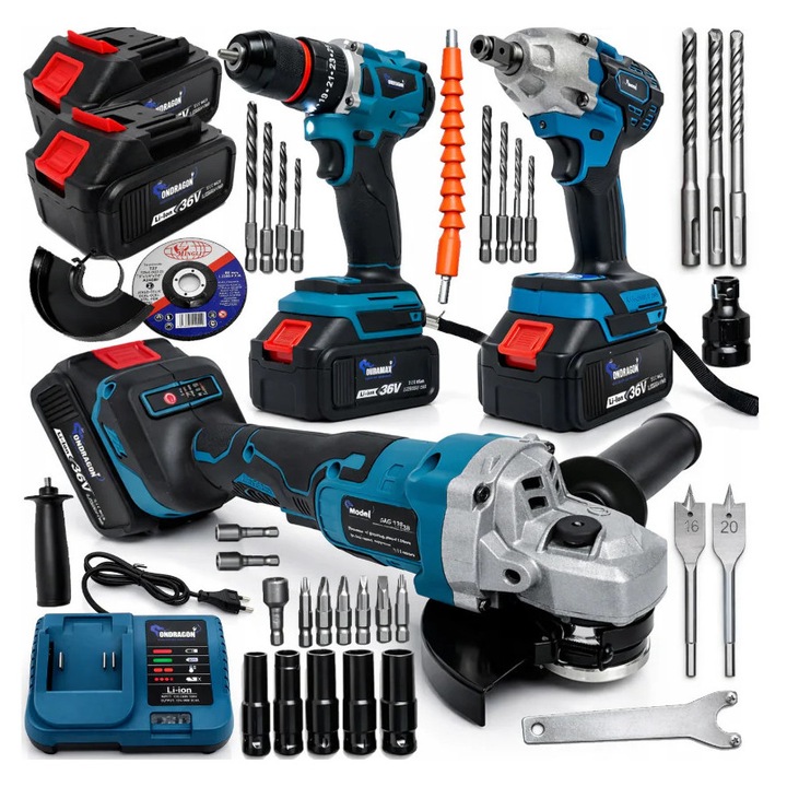 Ondragon OD9138 3 az 1-ben, 2 x 36 V, 2 x 36 V akkumulátoros fúrógép, elektromos ütvecsavarozó és sarokcsiszoló akkumulátorral, Ondragon OD9138