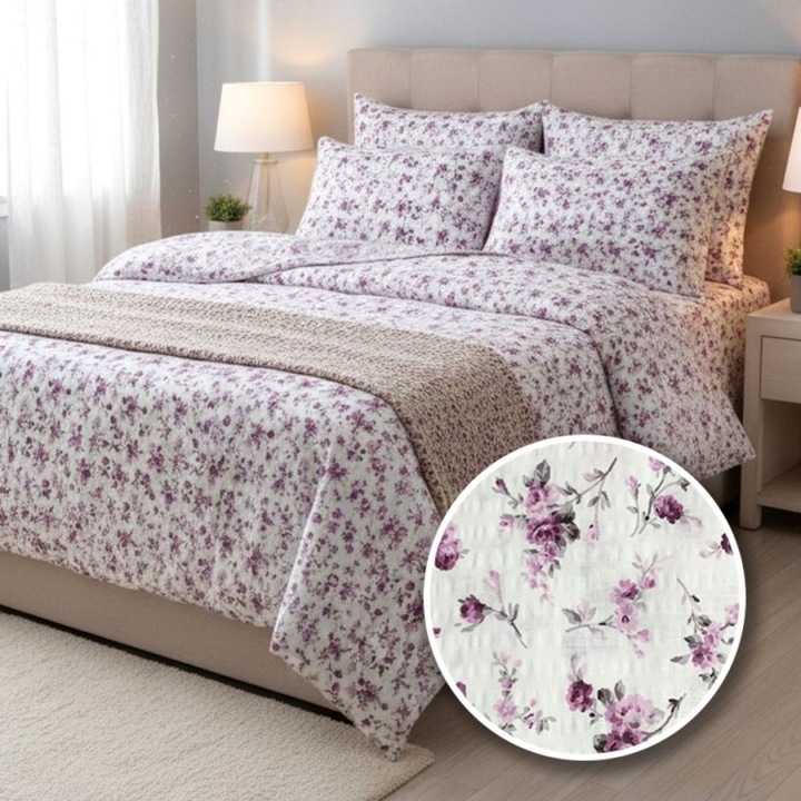 Krepp ágyneműhuzat garnitúra, 100% pamut, 4 részes, gumis lepedő 160x200 cm, Különleges ágyneműk, Lila virágos