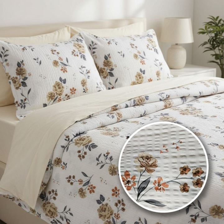 Krepp ágynemű, dupla, 100% pamut, 4 részes, gumis lepedő 180x200 cm, Különleges Ágyneműk, Bézs virágok