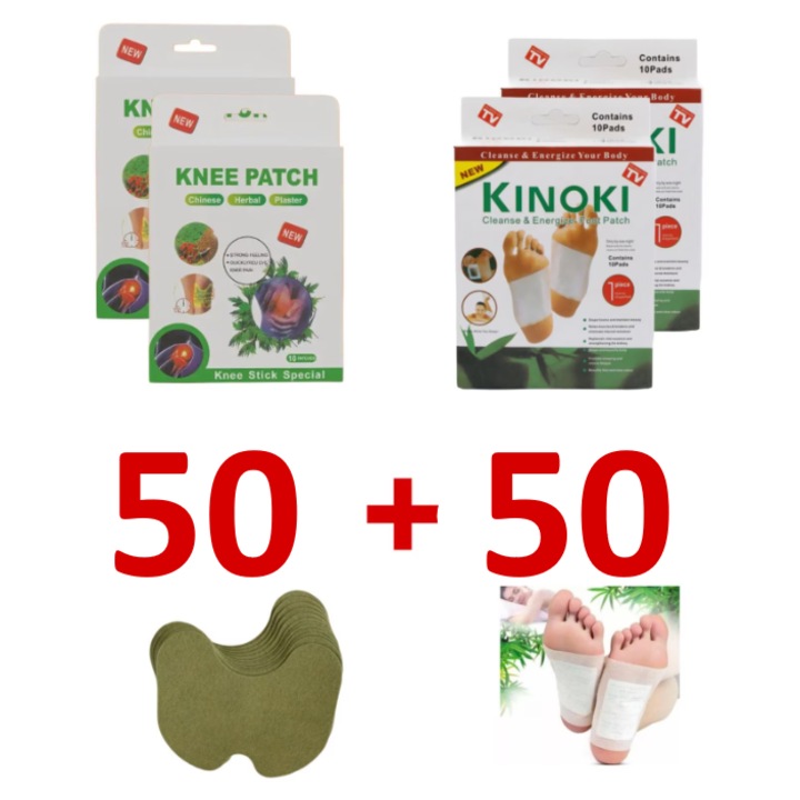 Pachet 50 plasturi Kinoki + 50 plasturi vegetali pentru ameliorarea durerii, PsAyl® - 2 solutii naturale, 1 pret special