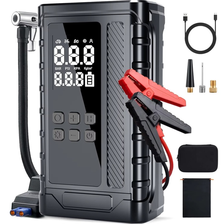 Starter Auto Portabil Nexonix®, 1000A cu Compresor Aer 150 PSI – Power Bank 8000 mAh, Umflator Anvelope Masina si Motocicleta, LED, Dispozitiv Portabil de Urgenta pentru Masina