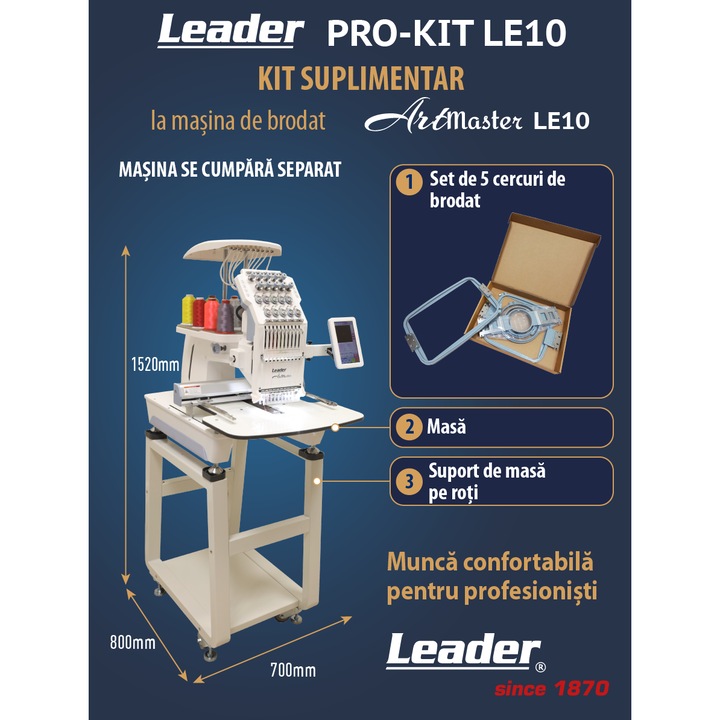 Leader PRO-KIT LE10: un set format din suport de masa, blat si 5 cercuri tubulare pentru masina de brodat industriala automata Leader ArtMaster LE10