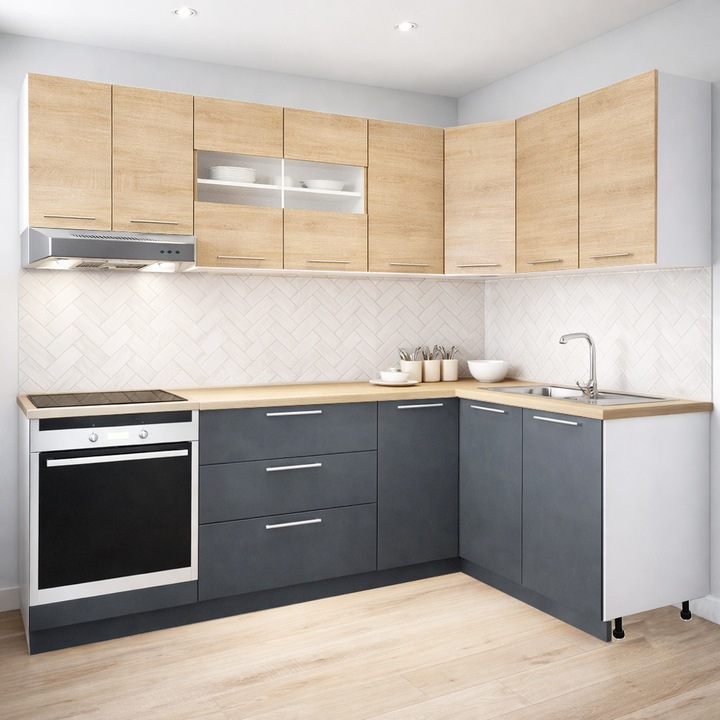 Set mobilier de bucatarie cu soft-close, BadenMob Germania, 240x140cm, colt, corpuri inalte, blat gros, corp cuptor, Antracit/Sonoma