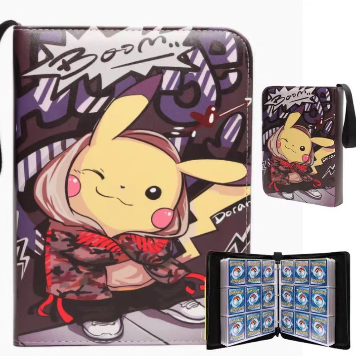 Album de carti Pokemon, 4 compartimente, 50 pagini, 400 sloturi pentru carti, material PU