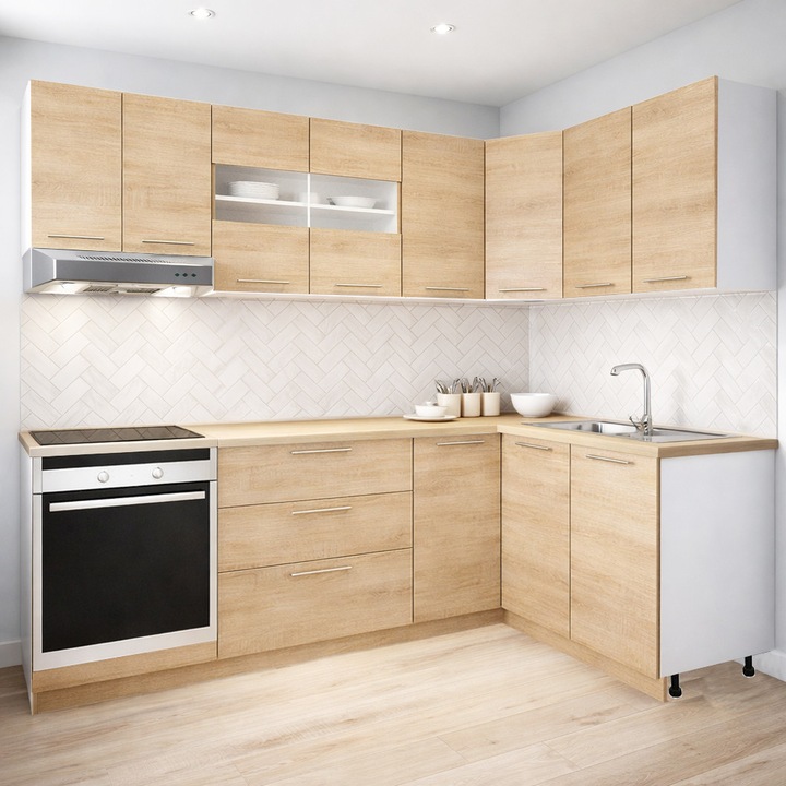 Set mobilier bucatarie BadenMob, soft-close, Sonoma, 240x140cm, colt, corpuri inalte, blat gros