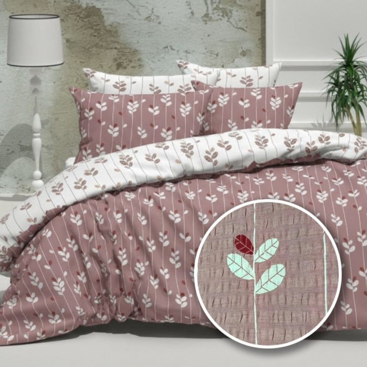 Krepp ágyneműhuzat garnitúra, 100% pamut, 4 részes, gumis lepedő 180x200 cm, Különleges ágyneműk, Rózsaszín levelekkel
