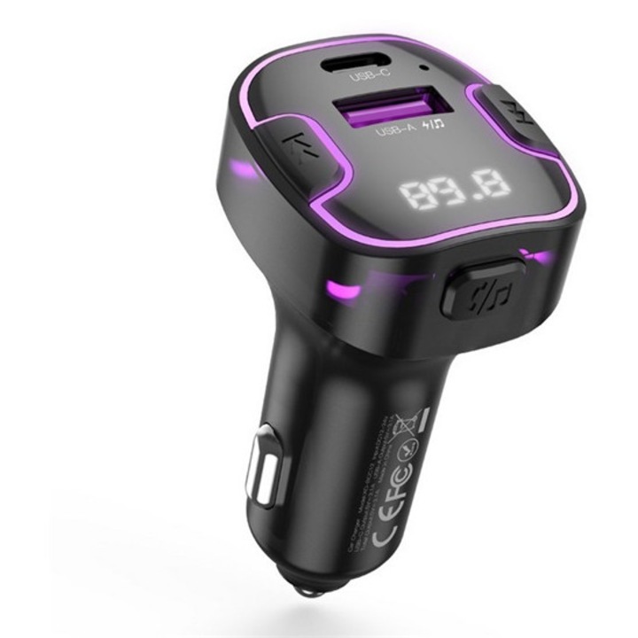 Xo bcc12 bluetooth fm transmitter autós töltő usb+type-c aljzat, v5.3, 15w, gyorstöltő, led kijelző, fekete