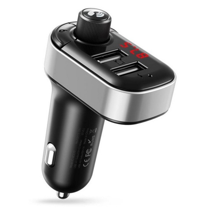 Xo bcc10 bluetooth fm transmitter autós töltő 2 usb aljzat, v5.0, 15w, gyorstöltő, led kijelző, fekete