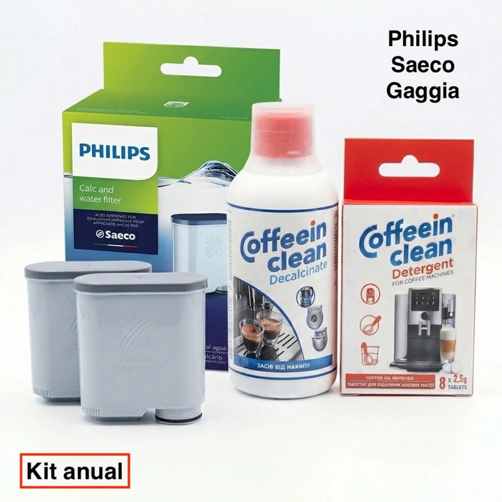 Kit Anual Intretinere Espressoare Philips/Saeco/Gaggia, 2 Filtre AquaClean, Decalcifiant 250 ml, Tablete Curatare Uleiuri, Set Complect