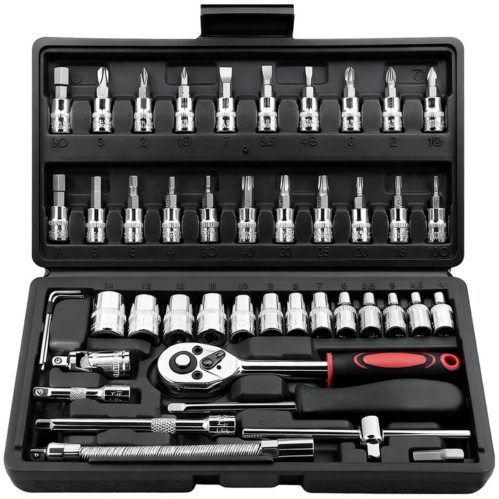 Set de 46 de chei tubulare cu clichet de 1/4 inch, cu set de chei tubulare metrice si bara de extensie pentru reparatii auto si uz casnic, cu cutie de depozitare neagra