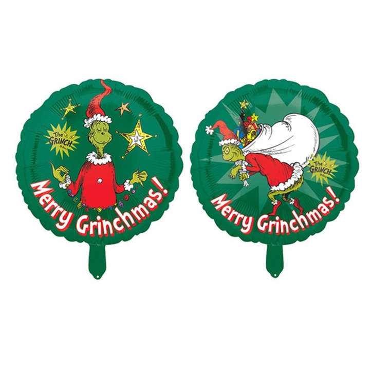 Кръгъл балон, Flippy, от алуминиево фолио, коледна тема, модел Grinch, 44x53 см, зелен