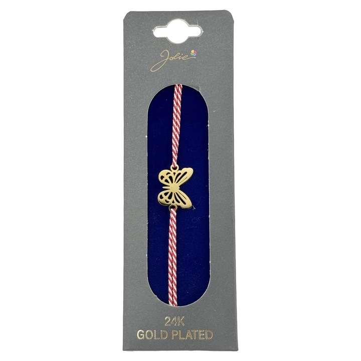 Bratara Placata cu Aur 24k, Jolie, Model FLUTURE PLIN, Martisor Bratara, cu Snur Alb/Rosu, Auriu