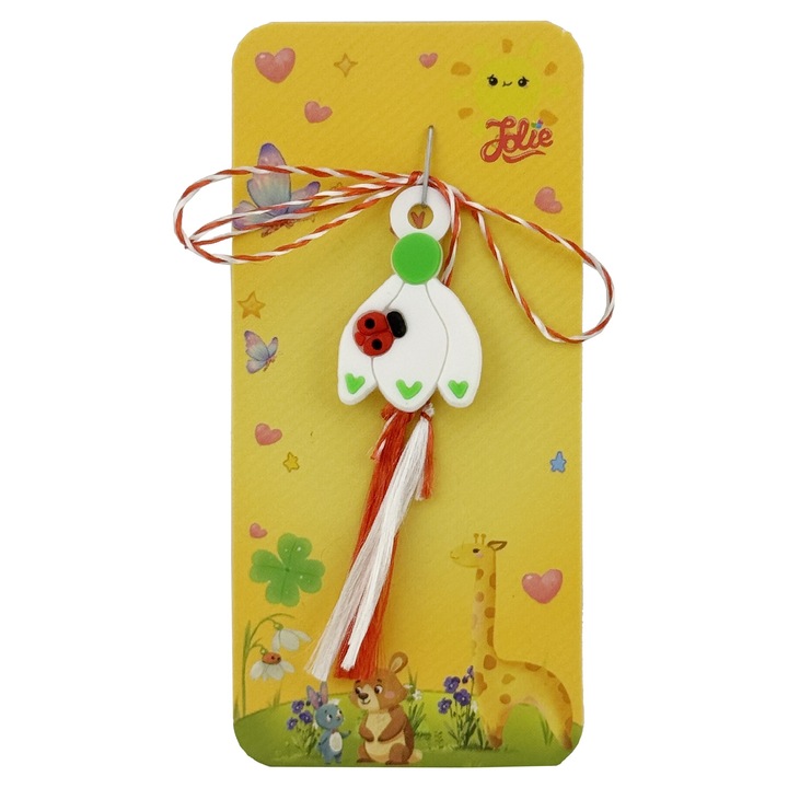 Martisor pentru Copii, Jolie, Model GHIOCEL cu BUBURUZA, din Cauciuc, cu Snur Impletit Alb/Rosu, Ambalaj Carton cu Design, Alb