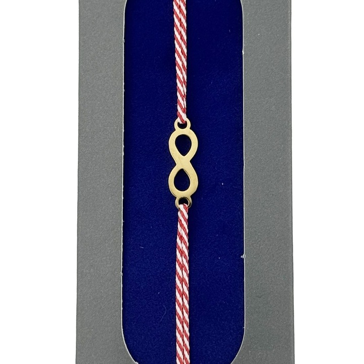 Bratara traditională, model INFINIT, cu snur alb/roșu, auriu