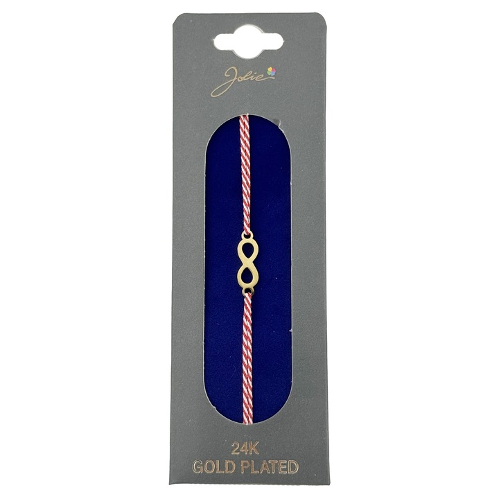 Bratara Placata cu Aur 24k, Jolie, Model INFINIT, Martisor Bratara, cu Snur Alb/Rosu, Auriu