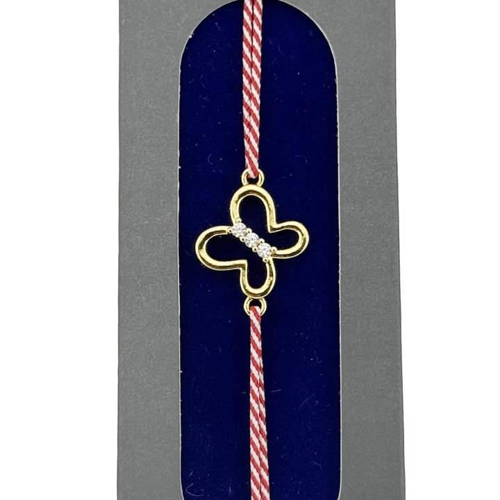Bratara Placata cu Aur 24k, Jolie, Model FLUTURE, Martisor Bratara, cu Snur Alb/Rosu, Auriu