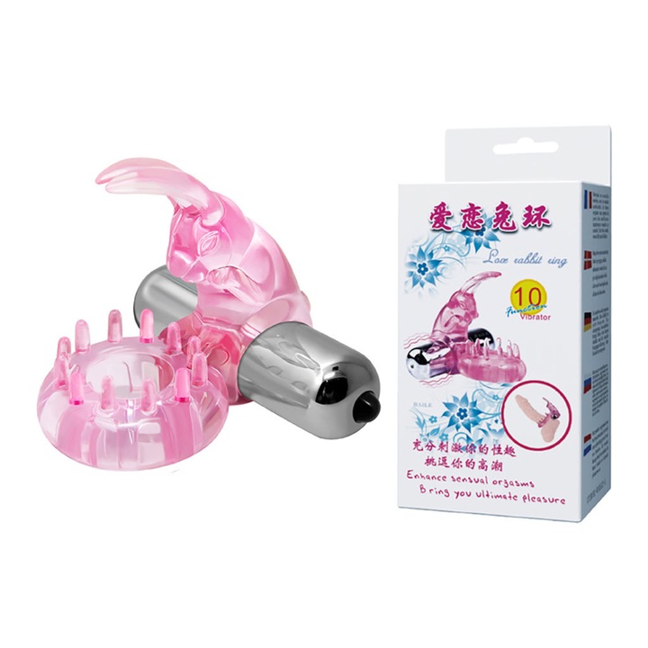 Inel penis vibrator, Inel Cock cu vibrator glonț roz, diametru 3,8 cm, roz, 10 funcții, TPR, pe baterii (3x LR44)