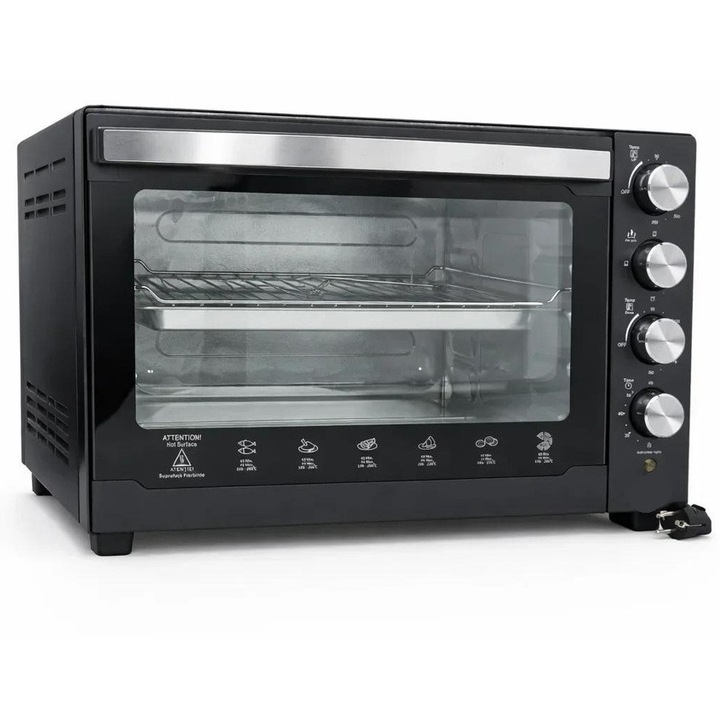 Електрическа фурна 60л, 3000W, грил и конвекция, регулируем термостат, таймер 60 мин, черна