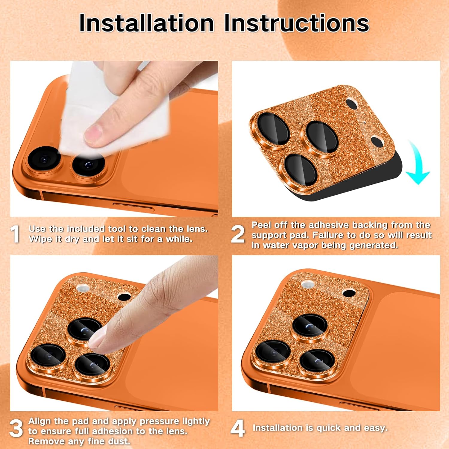 Folie Protectie Camera DiamondGlow pentru iPhone 17 Pro Max, Sticla Securizata cu Strasuri, Portocaliu