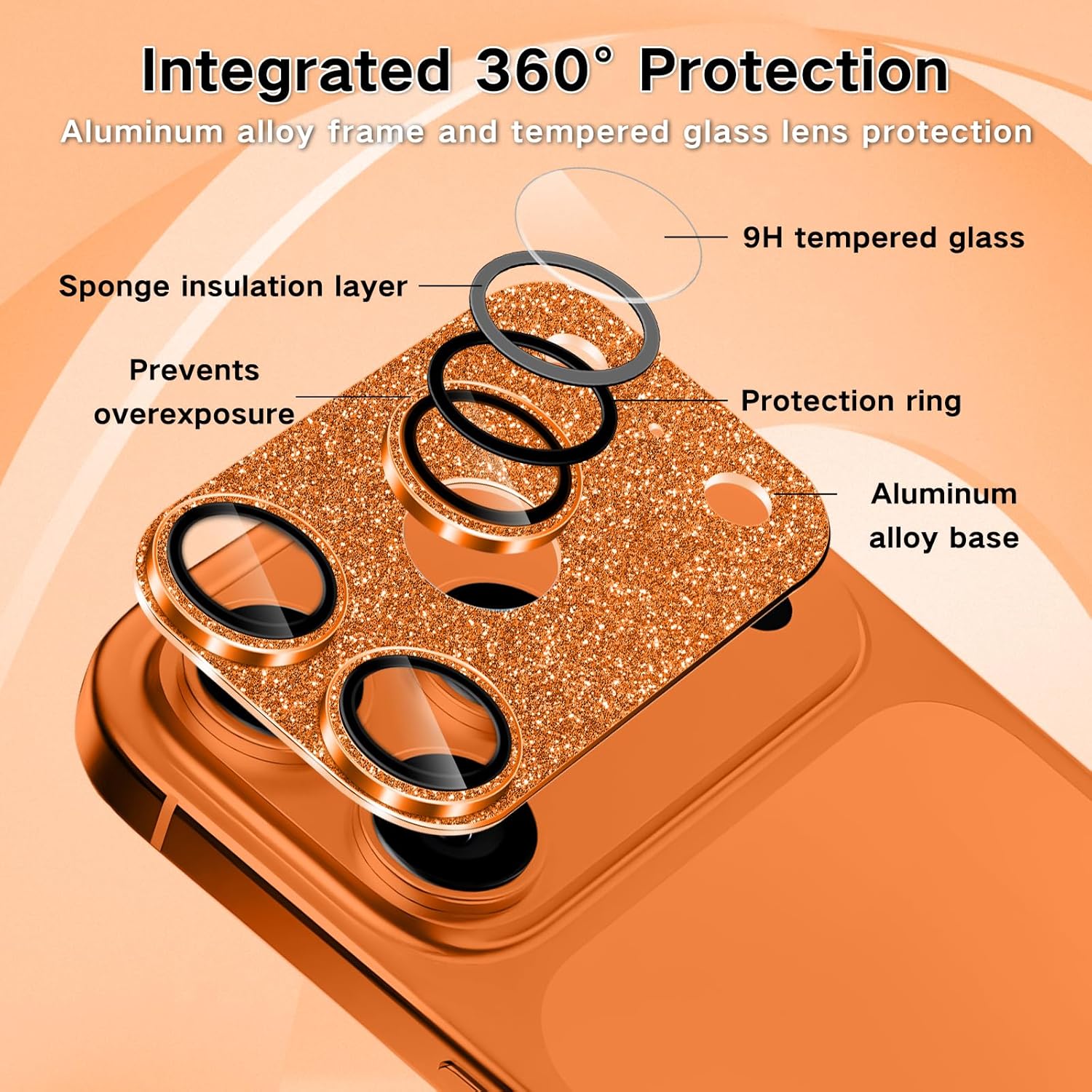 Folie Protectie Camera DiamondGlow pentru iPhone 17 Pro Max, Sticla Securizata cu Strasuri, Portocaliu