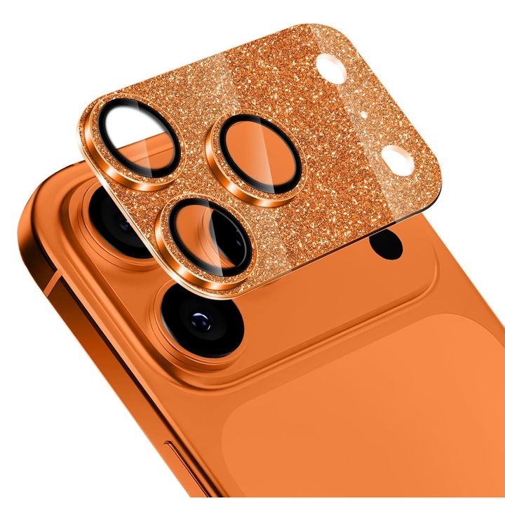 Folie Protectie Camera DiamondGlow pentru iPhone 17 Pro Max, Sticla Securizata cu Strasuri, Portocaliu