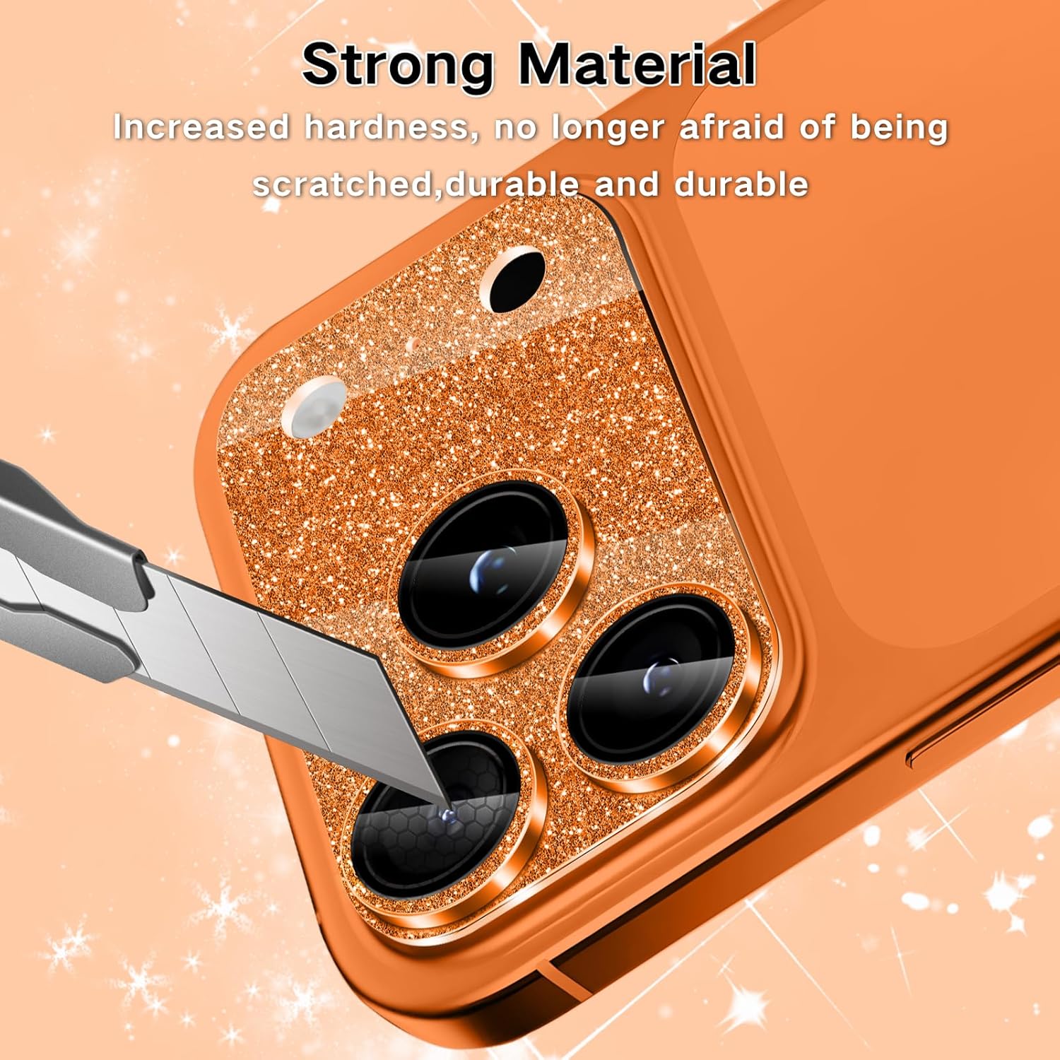 Folie Protectie Camera DiamondGlow pentru iPhone 17 Pro Max, Sticla Securizata cu Strasuri, Portocaliu