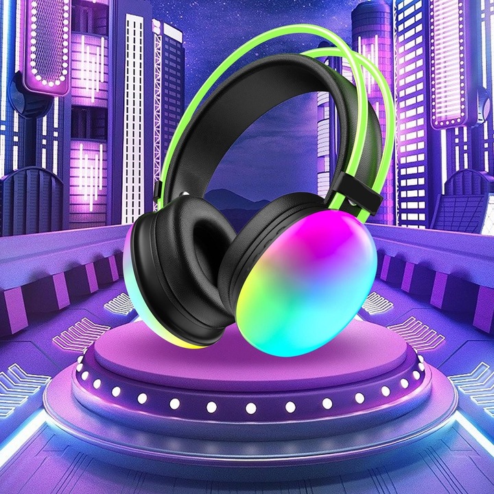 Vezeték Nélküli Sztereó Fejhallgató, Bluetooth 5.3, LED Világítás,360° Térhatású Hangzás,40 mm Kürt, TF Kártya, Bőr Belső Tér, Beépített Mikrofon, C típusú töltés, Rózsaszín, Madette Line