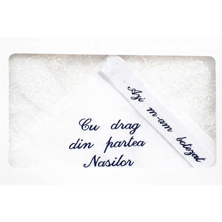 Trusou botez cu dantela - broderie bleumarin