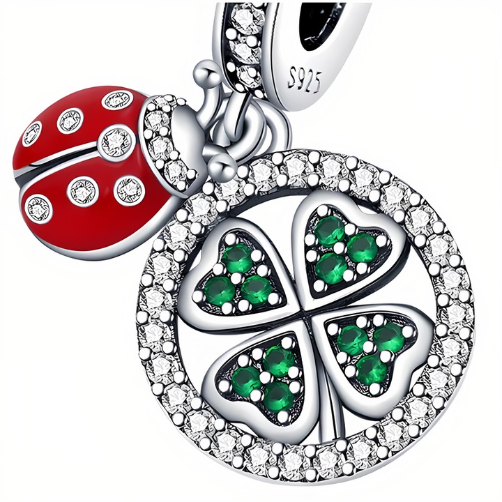 Talisman Trusky cu ciorchini, trifoi si buburuza, 24x12,5mm, argintata