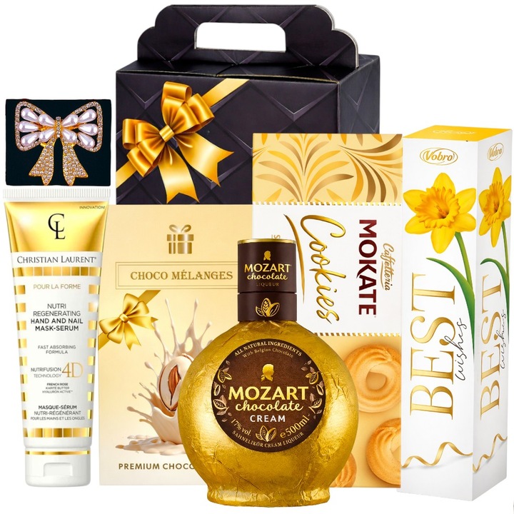 Pachet cadou femei, CADOURI RAFINATE®, Opulence Gift – rasfat pentru ea cu lichior Mozart, delicii din ciocolata, migdale glazurate, crema hidratanta si brosa eleganta, gata de daruit, ideal pentru 8 Martie, Craciun, aniversare