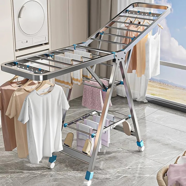 Uscator rufe pliabil metalic, dublu nivel, suport pentru haine, economisitor de spatiu, 150x90x46 cm